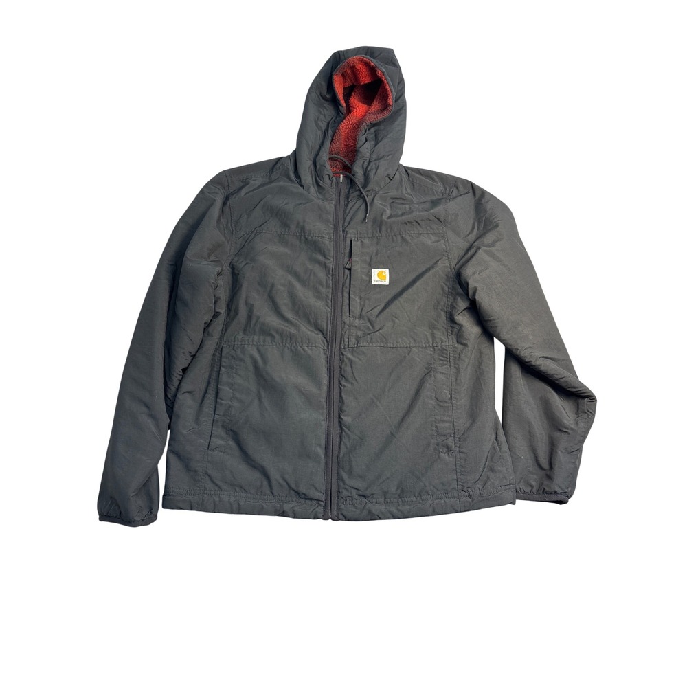 Carhartt Mens Gray Nylon Sherpa Lined Hooded Jacket Buffalo Plaid Fleece L